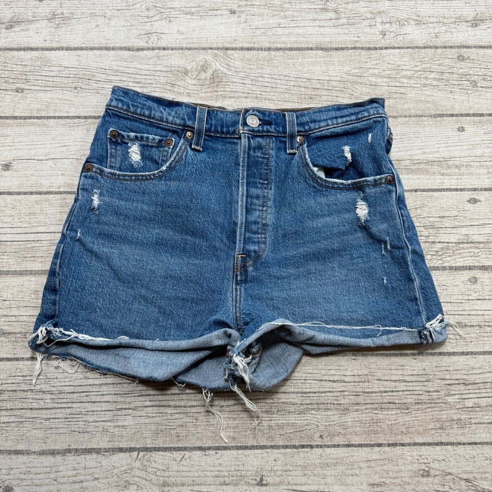 Levi's Shorts Women's 28 Blue Ribcage Denim Distressed High Rise Slim Button Fly